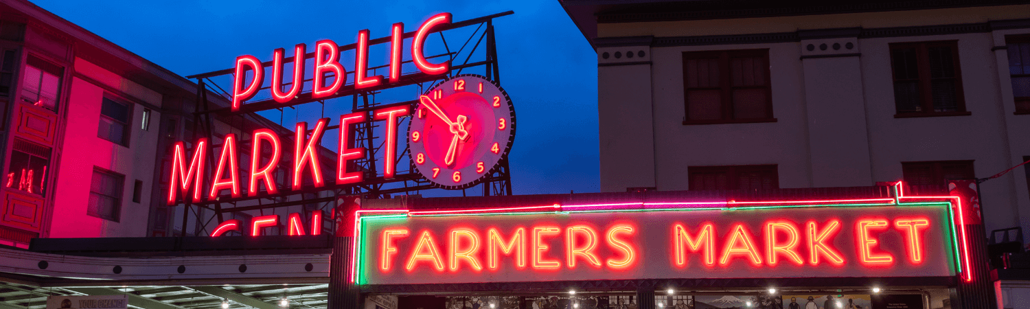 Seattle Public Market Center and Farmers Market signs
