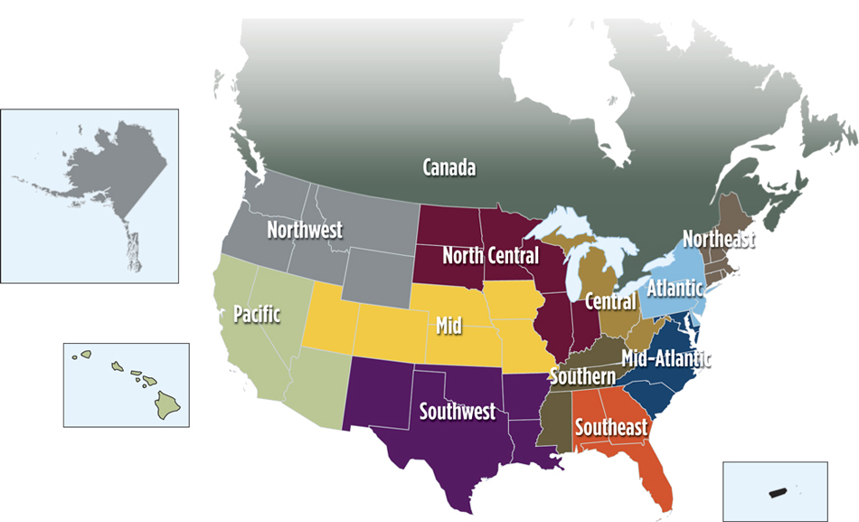 North America map with Region names
