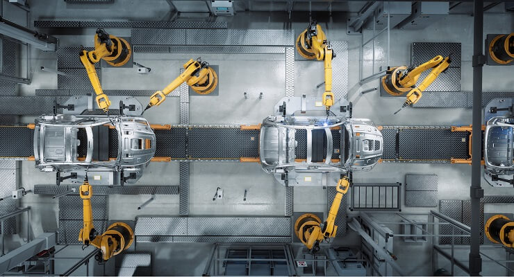 Car manufactured assembly line robots