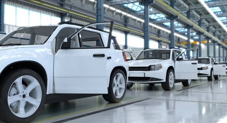 White cars in manufacturing production