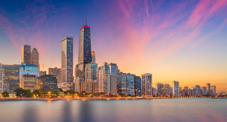 Downtown Chicago skyline sunset