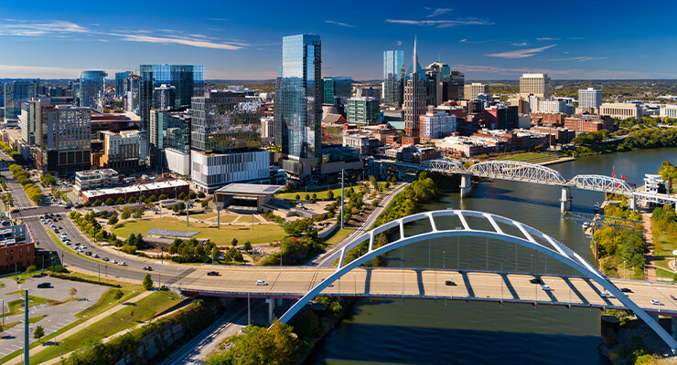 Aerial view skyline of Nashville along the Cumberland River
