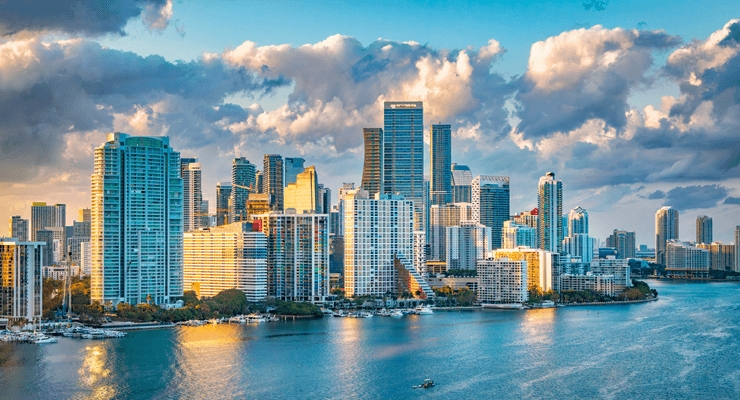 Aerial view of Miami downtown in daytime and Kaseya Center building