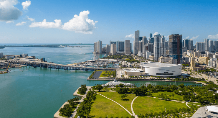 Aerial view of Miami downtown in daytime and Kaseya Center building