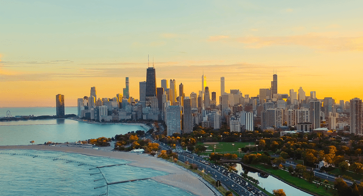 Sunset view of downtown Chicago skyline