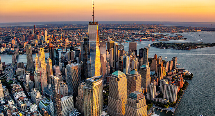 Aerial view of Lower Manhattan New York at sunset
