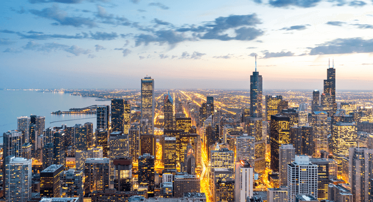 Chicago downtown skyline sunset dark blue sky
