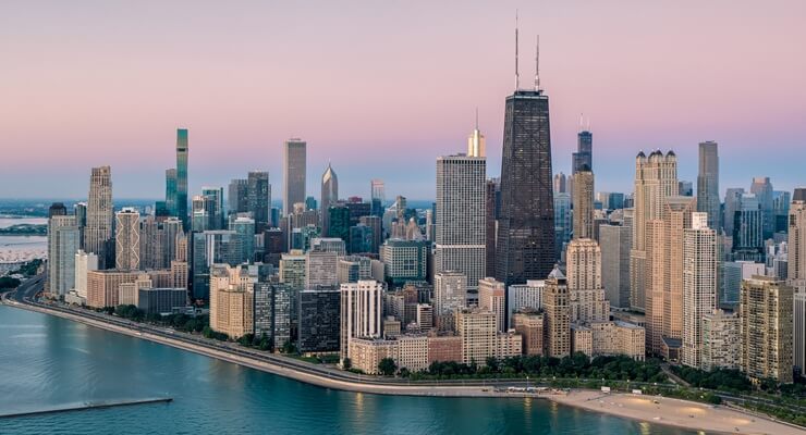 Chicago skyline with the Lake Michigan shoreline and John Hancock Center building