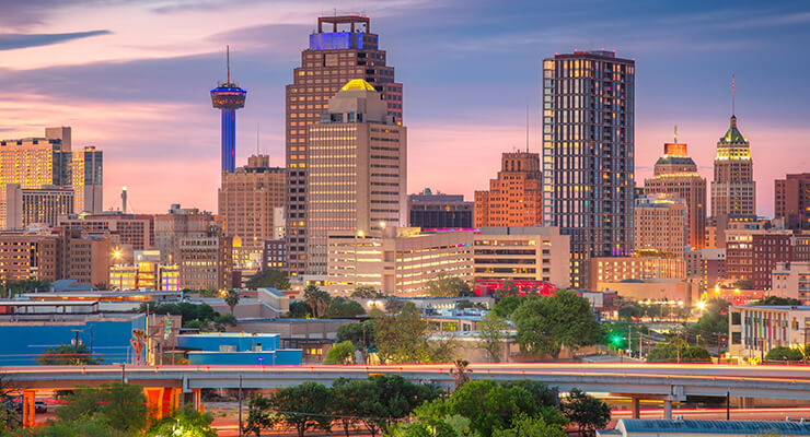 Skyline view of downtown San Antonio evening sunset