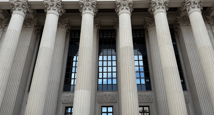 Close up shot of the entrance to the US supreme court building