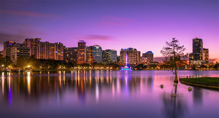 Ocean view of downtown Orlando sunset
