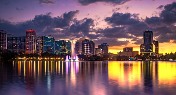Ocean view of downtown Orlando sunset