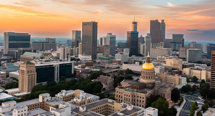 An aerial view of the Georgia State Capitol building in downtown Atlanta, Georgia