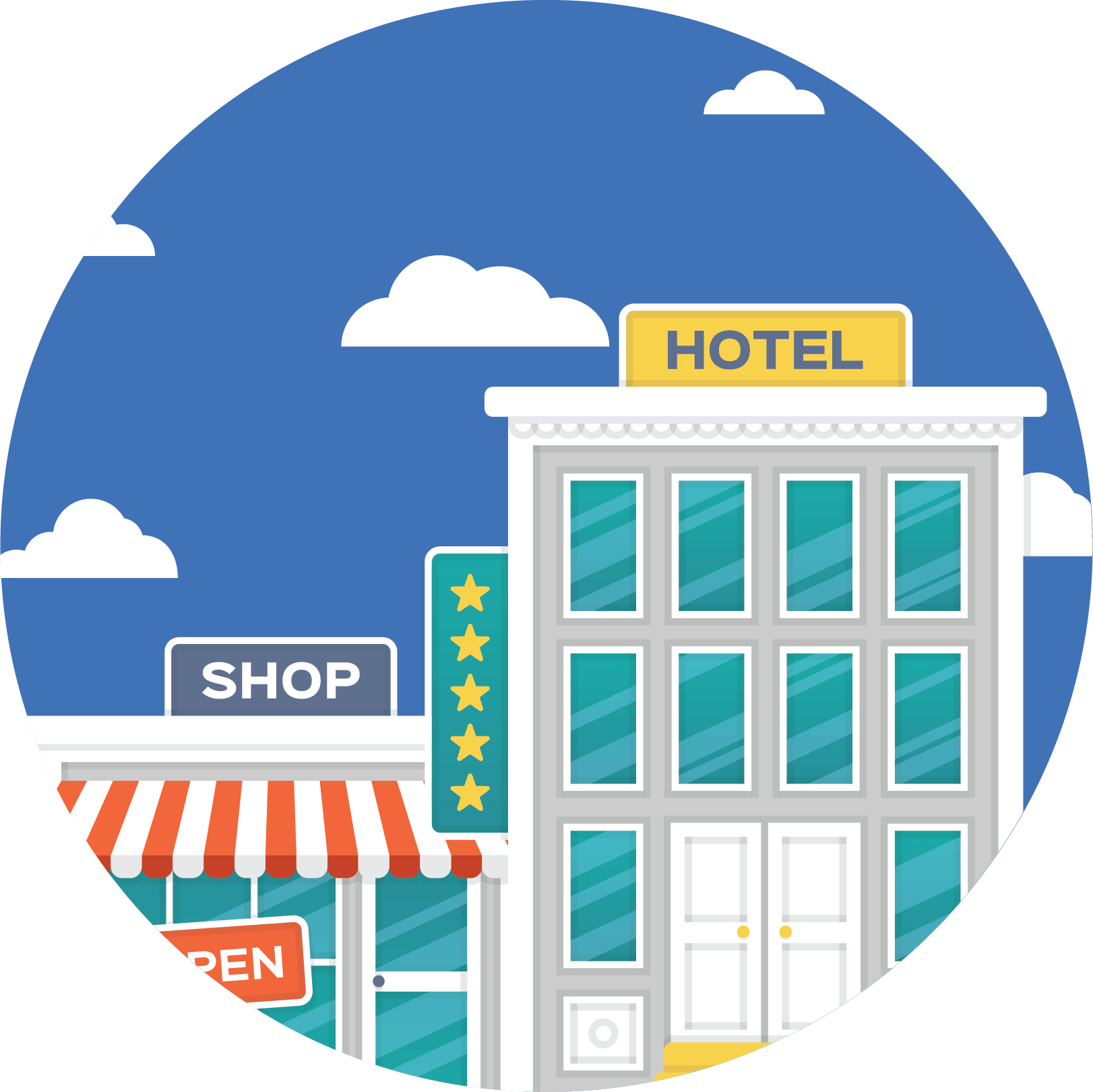 Shopping and hotel buildings icon