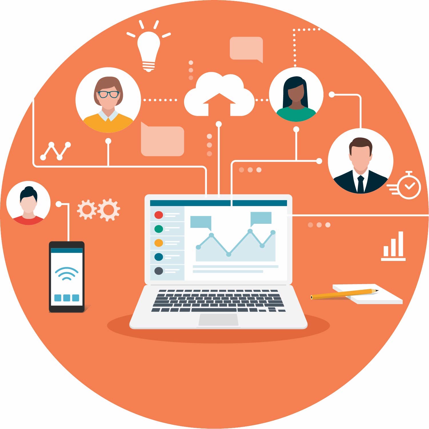 Laptop connecting people online icon